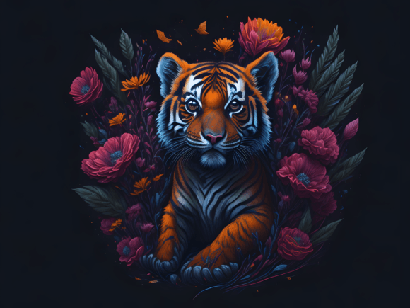 Download Cute Floral Tiger Illustration Art 5 - Tiger Collection